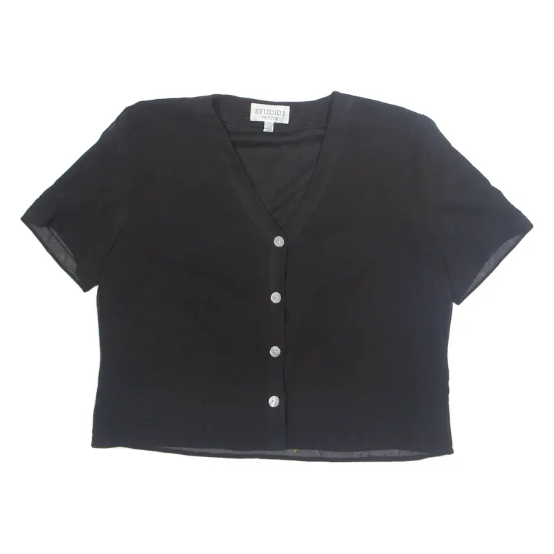 Studio I Petite Womens Cropped Blouse Black V-Neck L 1