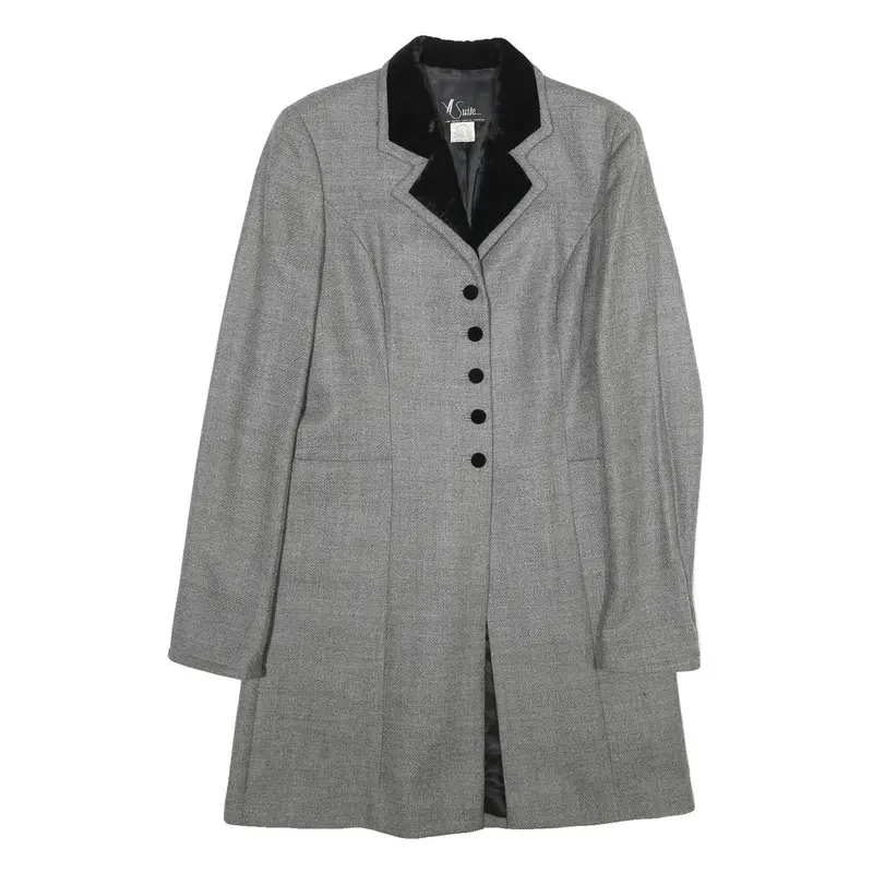 Suite Womens Grey & Black Wool Button Jacket Uk 10 Tailored Plain Velvet Collar 1