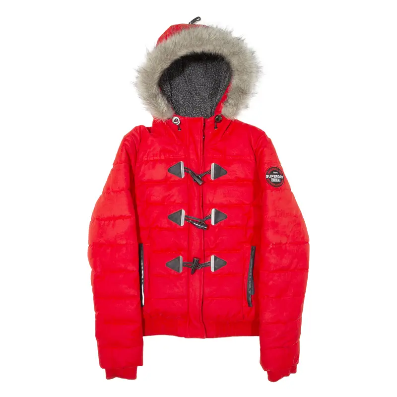 Superdry Fleece Lined Insulated Womens Puffer Jacket Red Hooded Uk 8 1