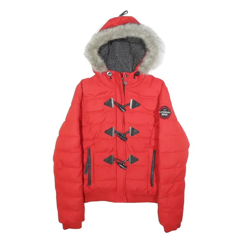 Superdry Womens Red Hooded Puffer Jacket S Polyester Blend Zip Faux Fur Trim 1