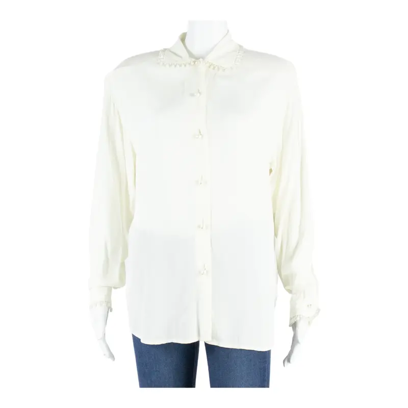 Superior Pearl Details Womens Shirt Blouse White Collared Long Sleeve S 1