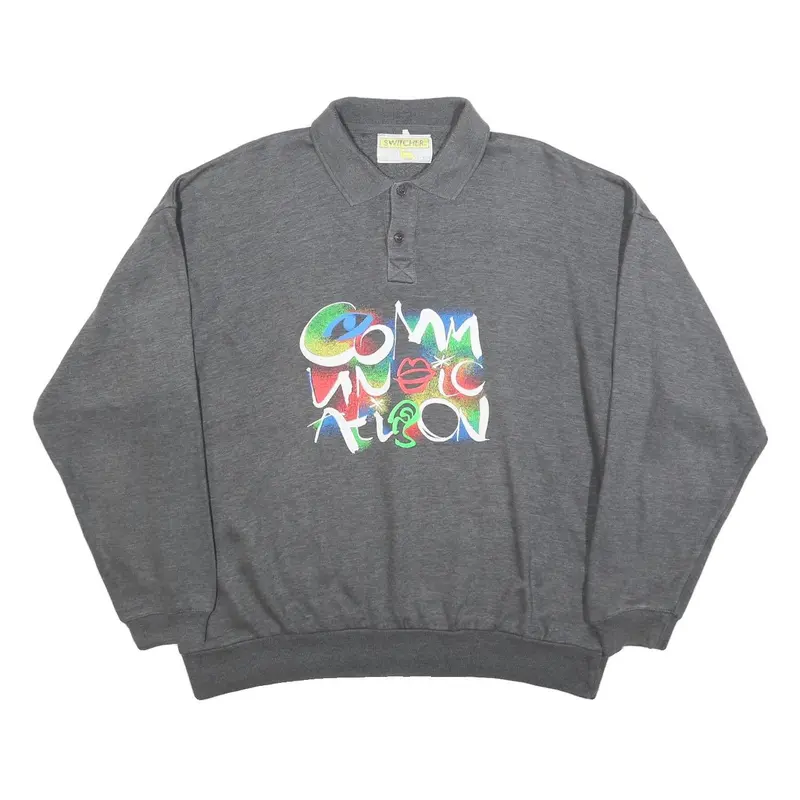 Switcher Mens Grey Cotton Blend Sweatshirt M Polo Collar Graphic Print Casual 1