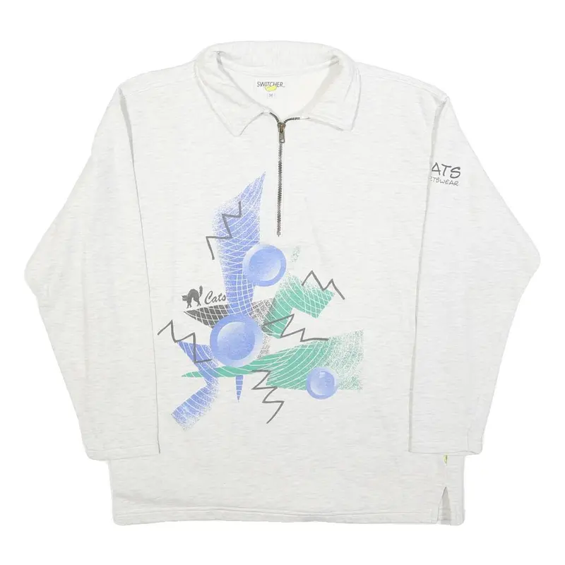 Switcher Womens White Graphic Collared M Cotton Blend Sweatshirt Pullover Zip 1