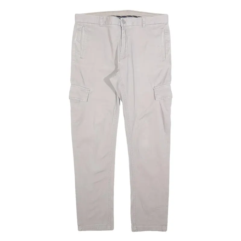Tailored Mens Cotton Blend Slim Beige Cargo Trousers W34 L30 Casual Zip 1