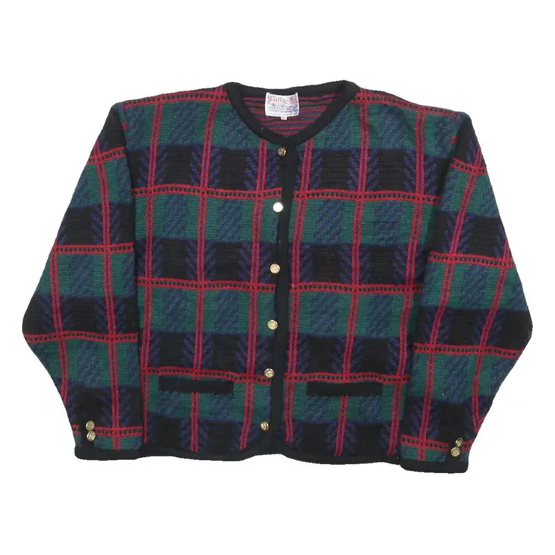 Tally-Ho Womens Green & Red Patterned Button Up Jumper Crew Neck Basic Knit Xl 1