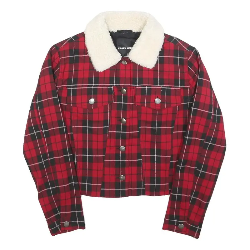 Tally Weijl Womens Red Black Check Button Cotton Jacket S Sherpa Collar Stylish 1