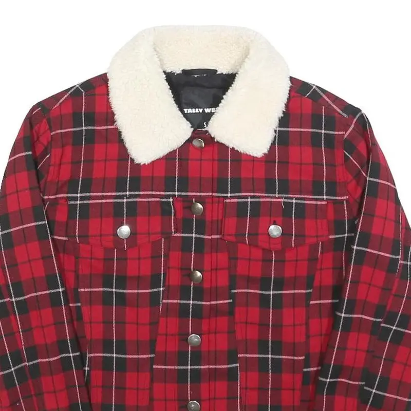 Tally Weijl Womens Red Black Check Button Cotton Jacket S Sherpa Collar Stylish 2