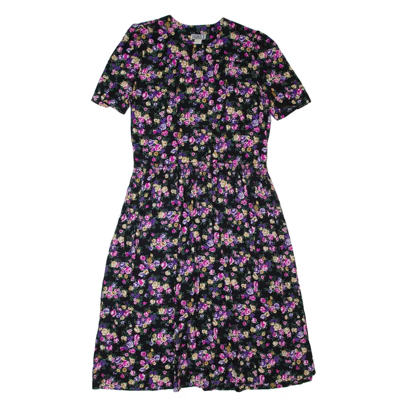 Taurus Ii Womens A-Line Dress Black 90S Floral Short Sleeve Long L 1