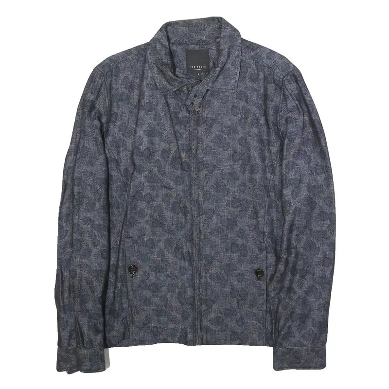 Ted Baker Mens Blue Floral Print Linen Blend Jacket L Zip Casual Lightweight 1