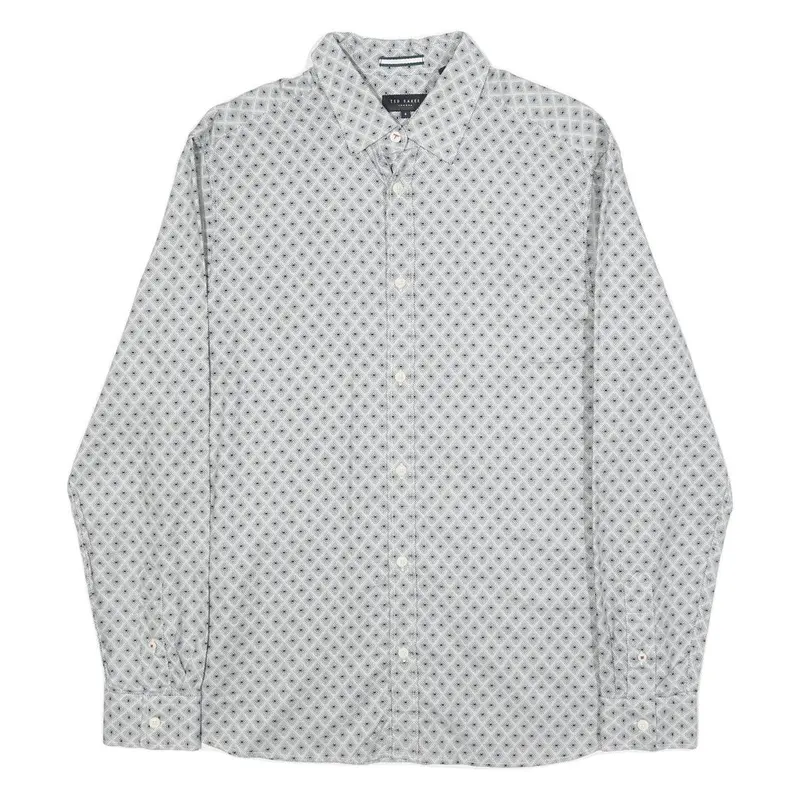 Ted Baker Mens White & Grey Geometric Print Shirt L Cotton Stylish Casual 1
