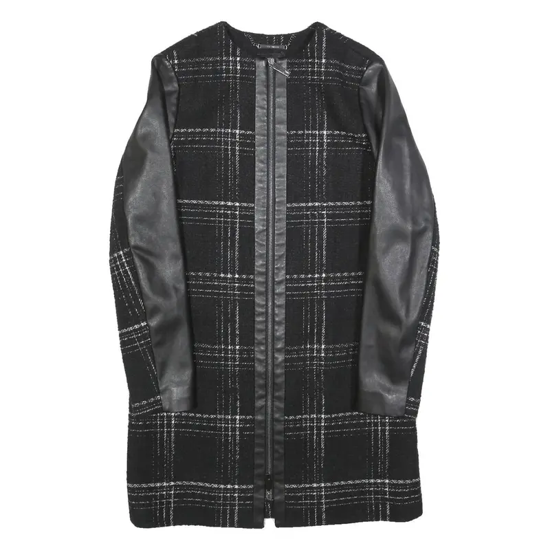Ted Baker Womens Black & Grey Check Zip Jacket Xs Wool Blend Leather Sleeves 1