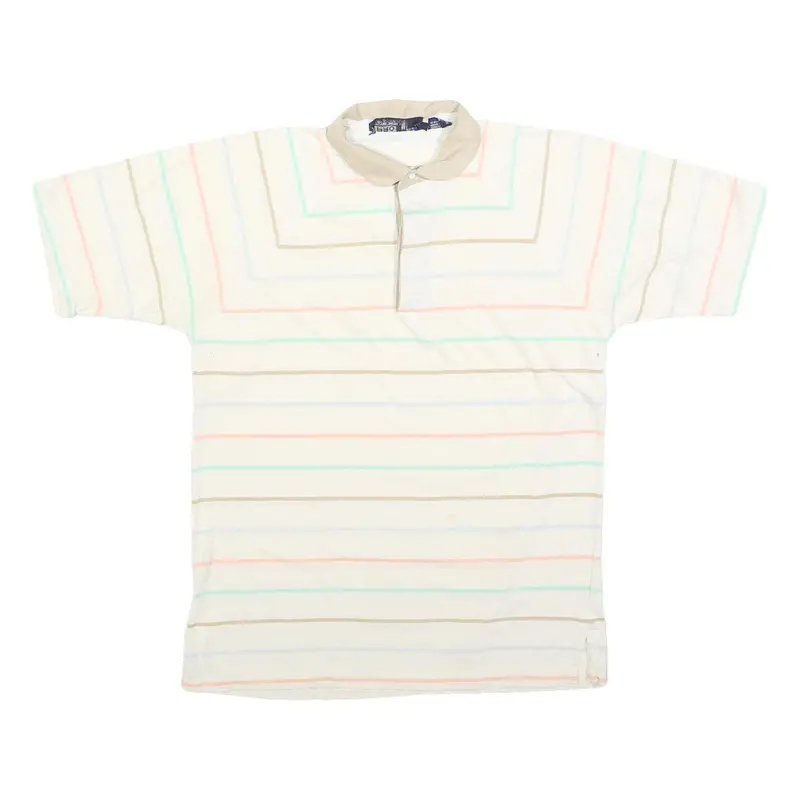 Tee Top Mens Cream Polo Shirt M Cotton Blend Short Sleeve Striped Casual 1