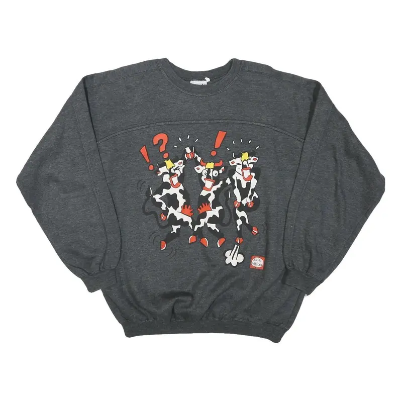 The Best Mens Grey Sweatshirt S Cartoon Print Cotton Blend Crew Neck Long Sleeve 1