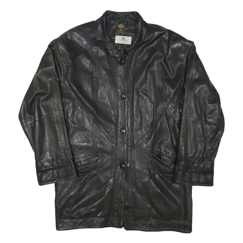 The King Womens Black Leather Button Jacket L Plain Button Closure Classic 1