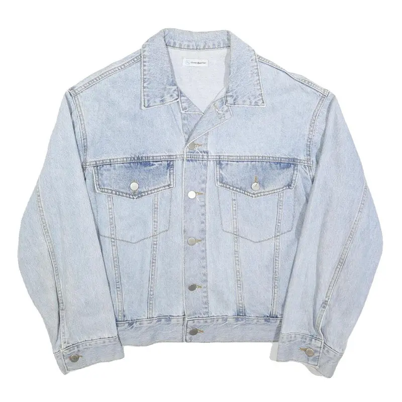 Three Quarter Womens Blue Denim Jacket L Cotton Button Classic Casual 1