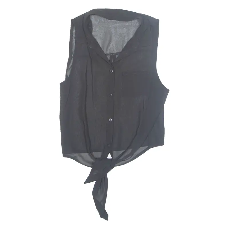 Tie Front Sheer Womens Shirt Black Collared S 1