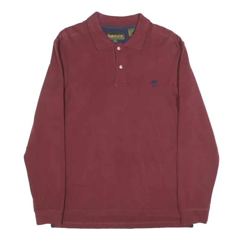 Timberland Mens Maroon Long Sleeve Plain Polo Shirt S Cotton Blend Classic 1