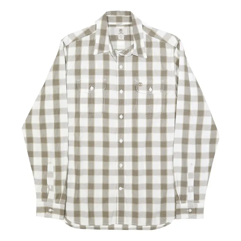Timberland Mens White & Beige Check Shirt S Casual Cotton Long Sleeve Button 1