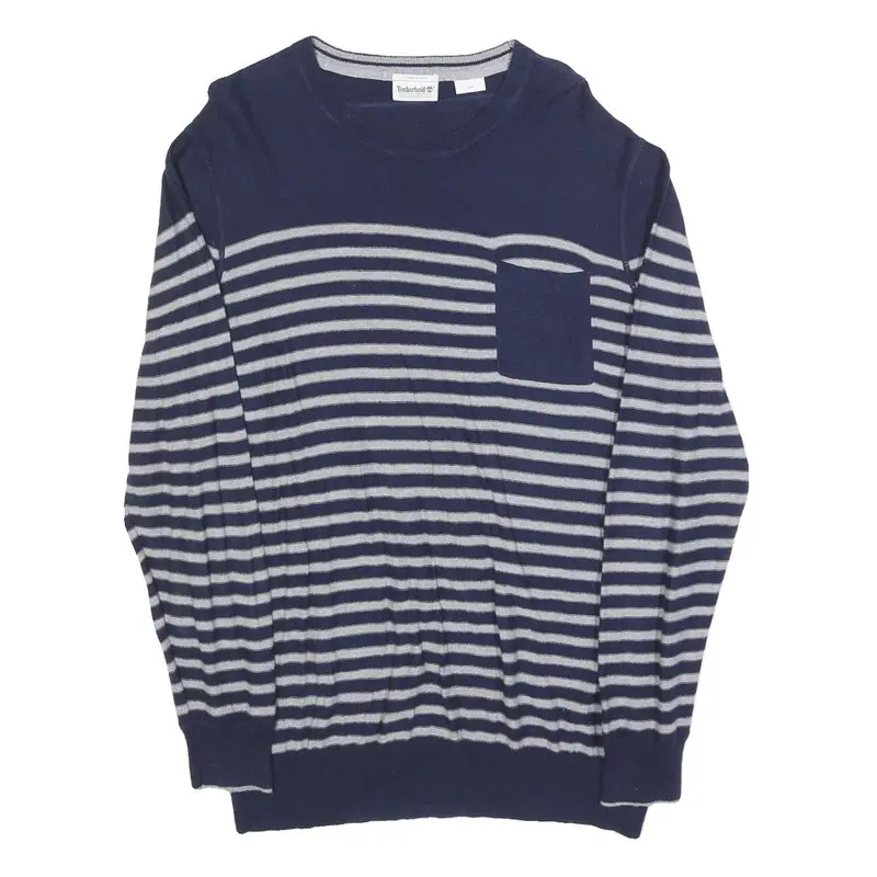 Timberland Womens Blue & Grey Striped Pattern Linen Blend Jumper Crew Neck Basic 1