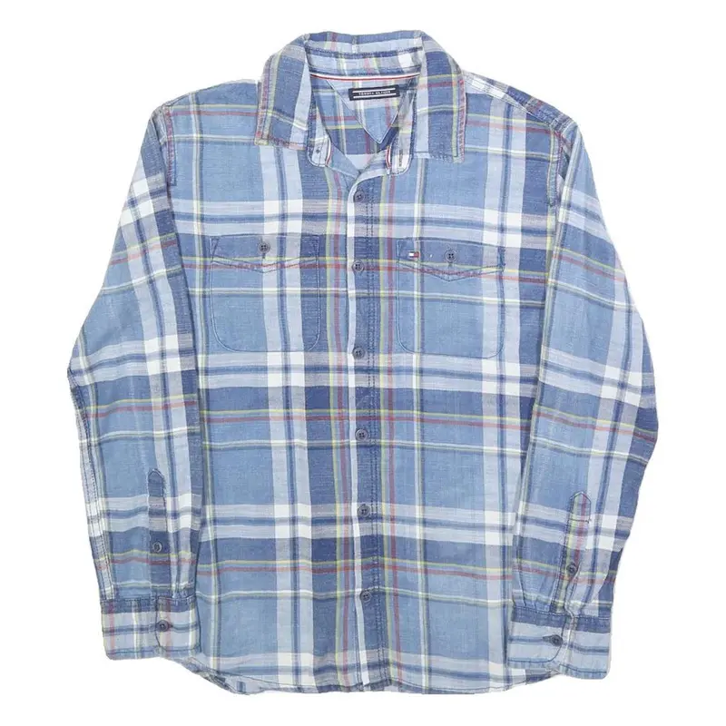 Tommy Hilfiger Boys Blue & White Checked Shirt L Cotton Blend Button Long Sleeve 1