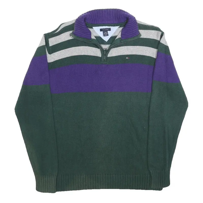 Tommy Hilfiger Boys Green & Purple Patterned Cotton Jumper Half Zip Chunky Knit 1