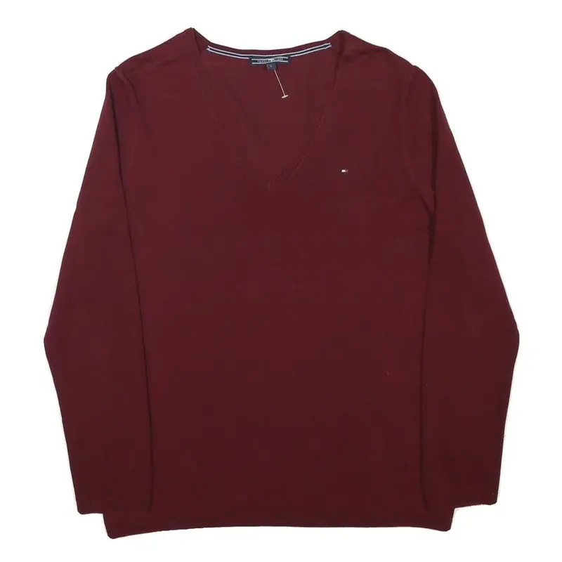 Tommy Hilfiger Boys Maroon Plain V Neck Basic Knit Jumper L Cotton Blend 1