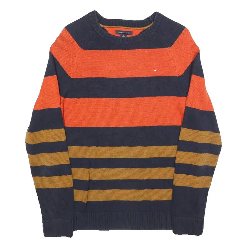 Tommy Hilfiger Boys Navy & Orange Brown Striped Pattern Plain Crew Neck Basic 1