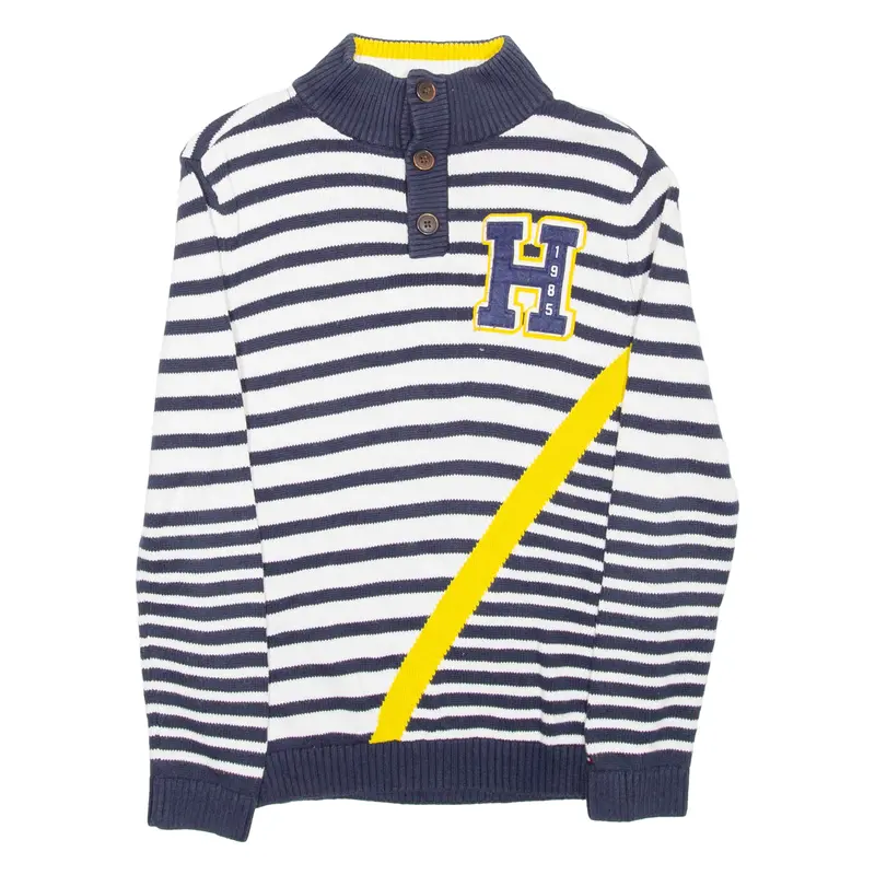 Tommy Hilfiger Boys Patterned Jumper Blue Striped Button Neck Tight Knit M 1