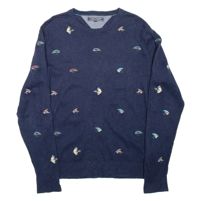 Tommy Hilfiger Embroidered Mens Patterned Jumper Blue Tight Knit L 1