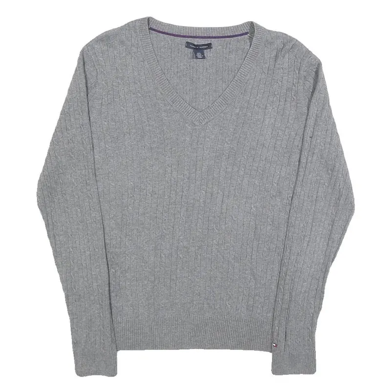 Tommy Hilfiger Girls Grey Plain Cotton Jumper V-Neck Cable Knit L Lightweight 1