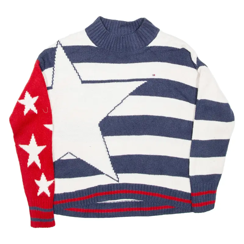 Tommy Hilfiger Girls Patterned Jumper Blue Striped High Neck Tight Knit M 1