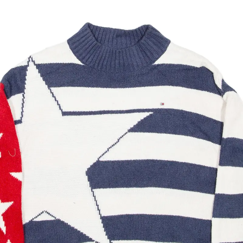 Tommy Hilfiger Girls Patterned Jumper Blue Striped High Neck Tight Knit M 2