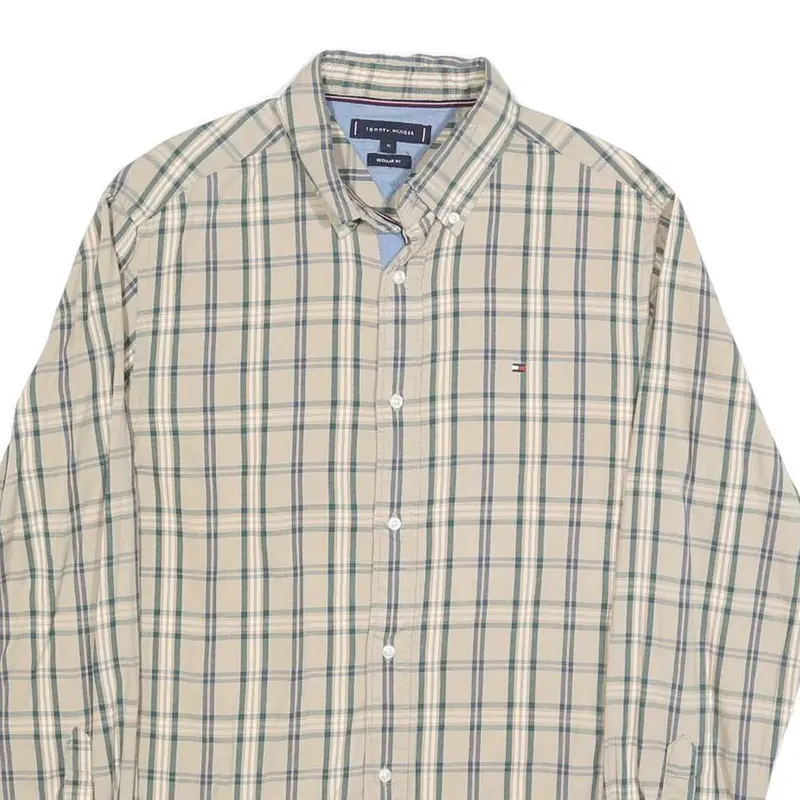 Tommy Hilfiger Mens Beige & Green Check Shirt M Button Down Long Sleeve Cotton 2