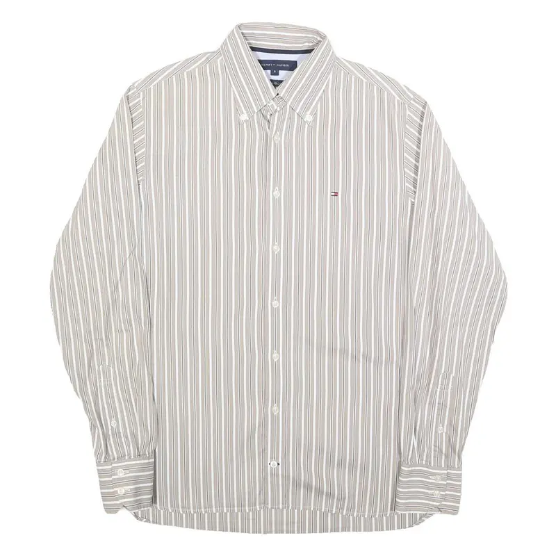 Tommy Hilfiger Mens Beige & White Stripe Button-Down Shirt S Classic Cotton 1