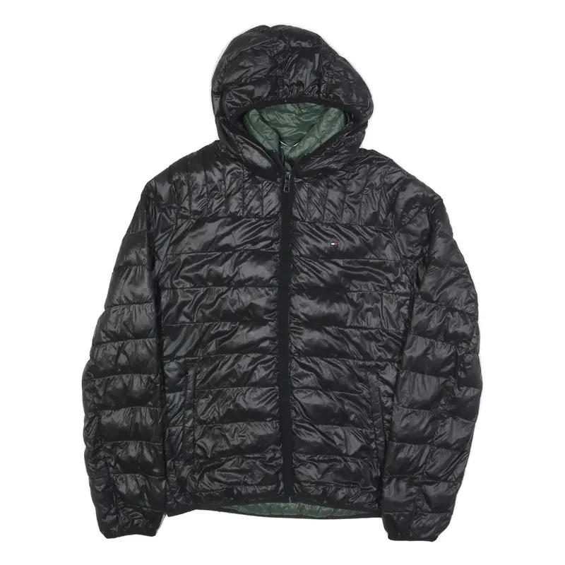 Tommy Hilfiger Mens Black & Green Puffer Jacket S Nylon Hooded Zip 1