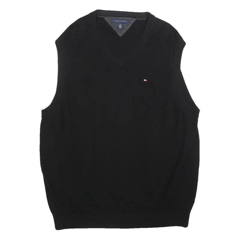 Tommy Hilfiger Mens Black Plain Cotton Sleeveless V-Neck Jumper Xl Classic 1