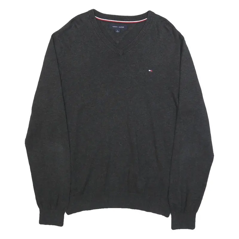 Tommy Hilfiger Mens Black Plain V-Neck Basic Knit M Cotton Jumper Classic Fit 1