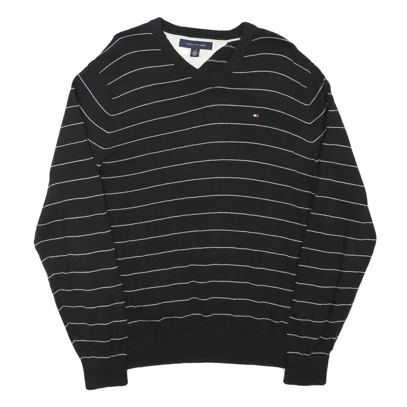 Tommy Hilfiger Mens Black & White Patterned Jumper V-Neck Basic Knit M Cotton 1