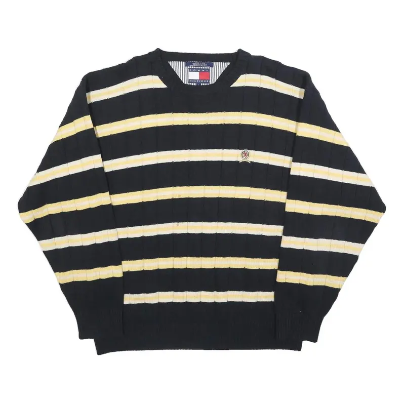 Tommy Hilfiger Mens Black & Yellow Striped Pattern Crew Neck Basic Knit L Cotton 1