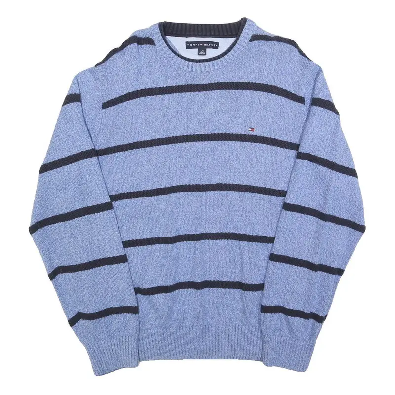 Tommy Hilfiger Mens Blue & Black Patterned Jumper Crew Neck Basic Knit L Cotton 1