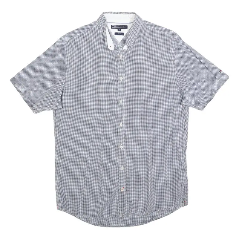 Tommy Hilfiger Mens Blue Check Shirt M Cotton Blend Short Sleeve Button Collar 1