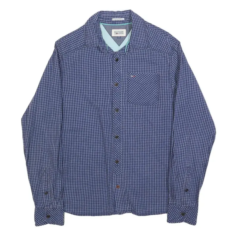 Tommy Hilfiger Mens Blue Check Shirt S Cotton Blend Casual Button Down Long 1
