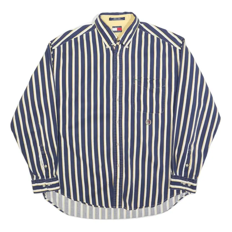 Tommy Hilfiger Mens Blue & Cream Stripe Cotton Shirt L Button-Down Pocket Casual 1