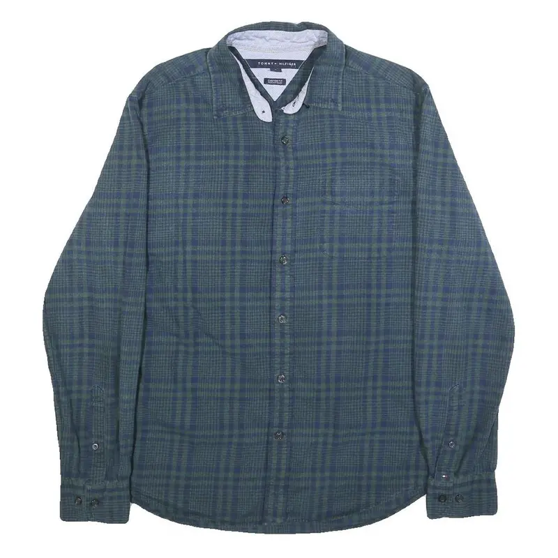 Tommy Hilfiger Mens Blue Green Checked Shirt M Cotton Long Sleeve Casual 1
