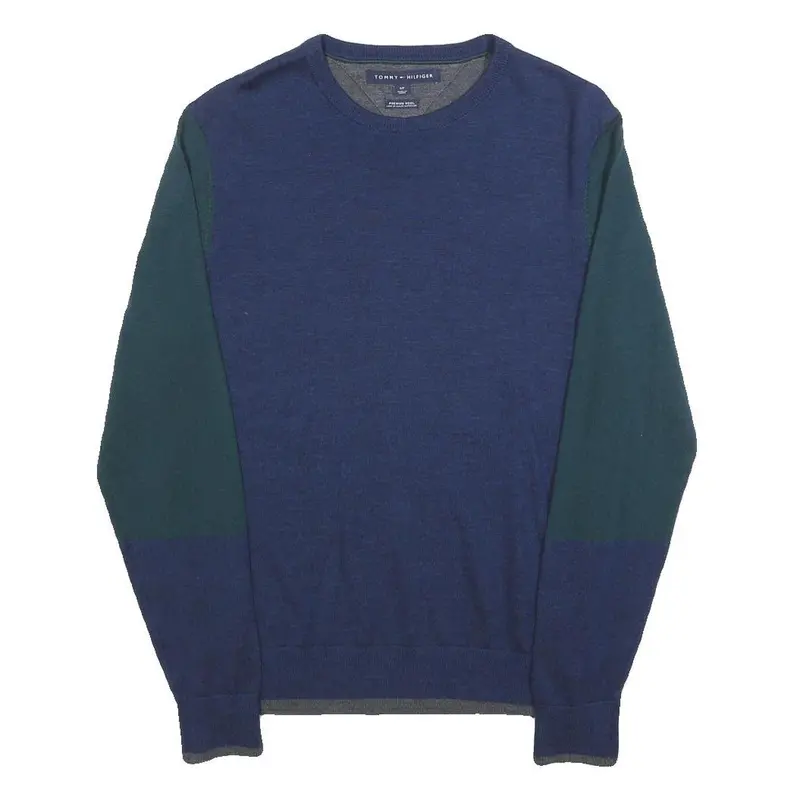 Tommy Hilfiger Mens Blue & Green Patterned Wool Jumper Crew Neck Basic Knit S 1