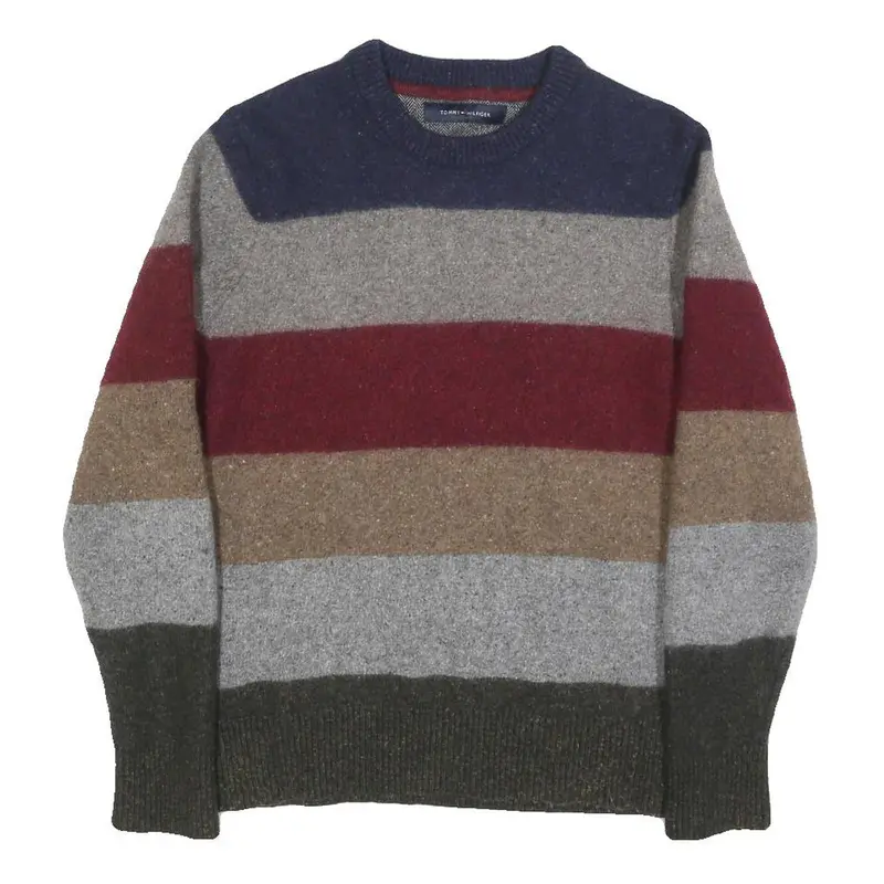 Tommy Hilfiger Mens Blue & Grey & Maroon Striped Wool Blend Patterned Crew Neck 1