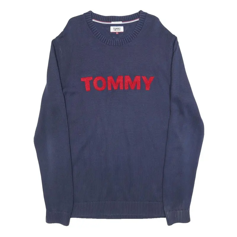 Tommy Hilfiger Mens Blue Navy Cotton Blend Plain Crew Neck Basic Knit Jumper Xl 1