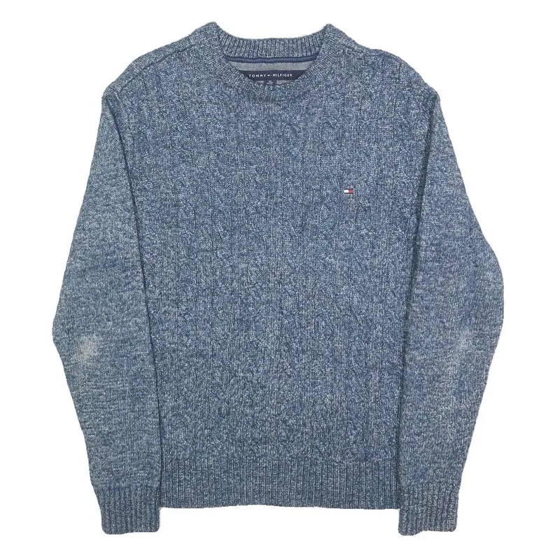 Tommy Hilfiger Mens Blue Patterned Cotton Blend Jumper Crew Neck Cable Knit Xs 1