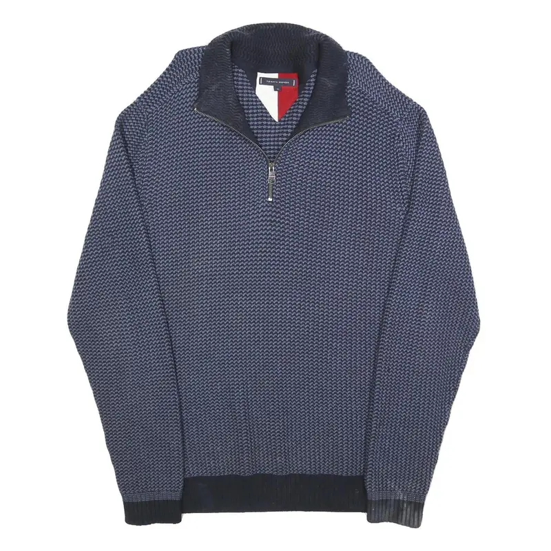 Tommy Hilfiger Mens Blue Patterned Pullover V Neck Chunky Knit Xl Cotton Jumper 1