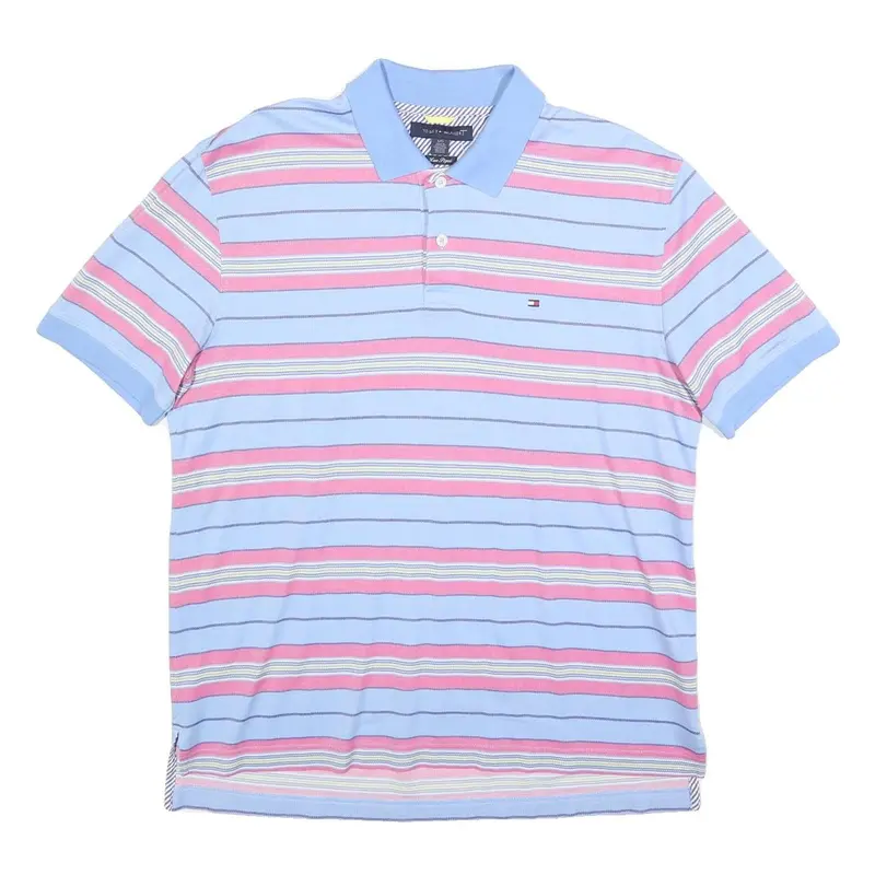 Tommy Hilfiger Mens Blue & Pink Striped Short Sleeve Polo Shirt L Cotton Blend 1